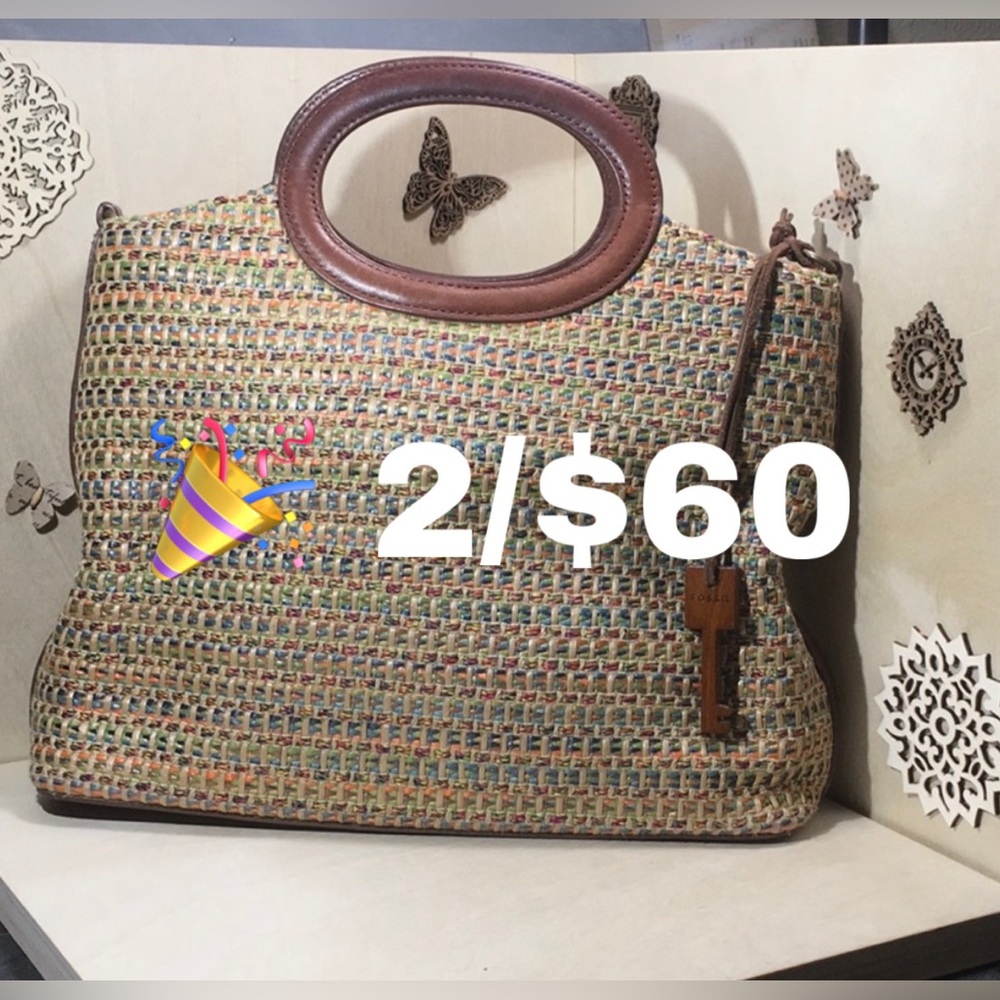 🎉 Fossil Vintage Woven Straw with Leather Accents